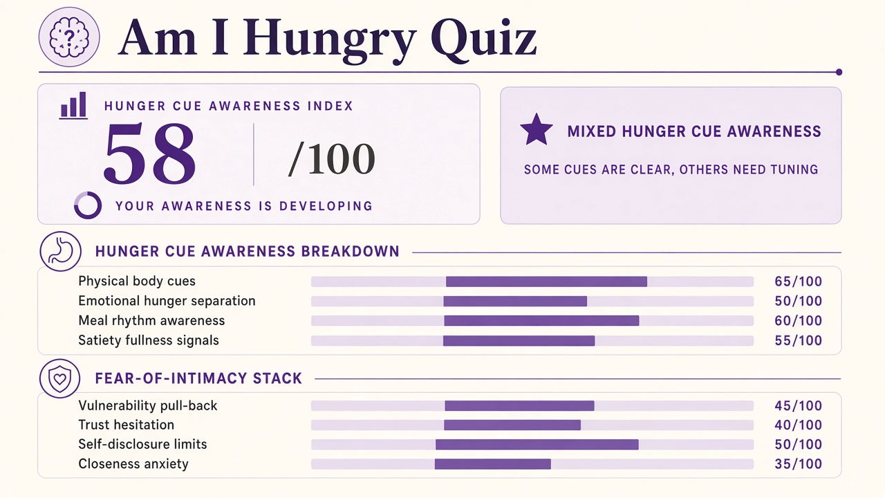 Am I hungry quiz report with Mixed band, hunger cue awareness index 58, and fear-of-intimacy stack chart