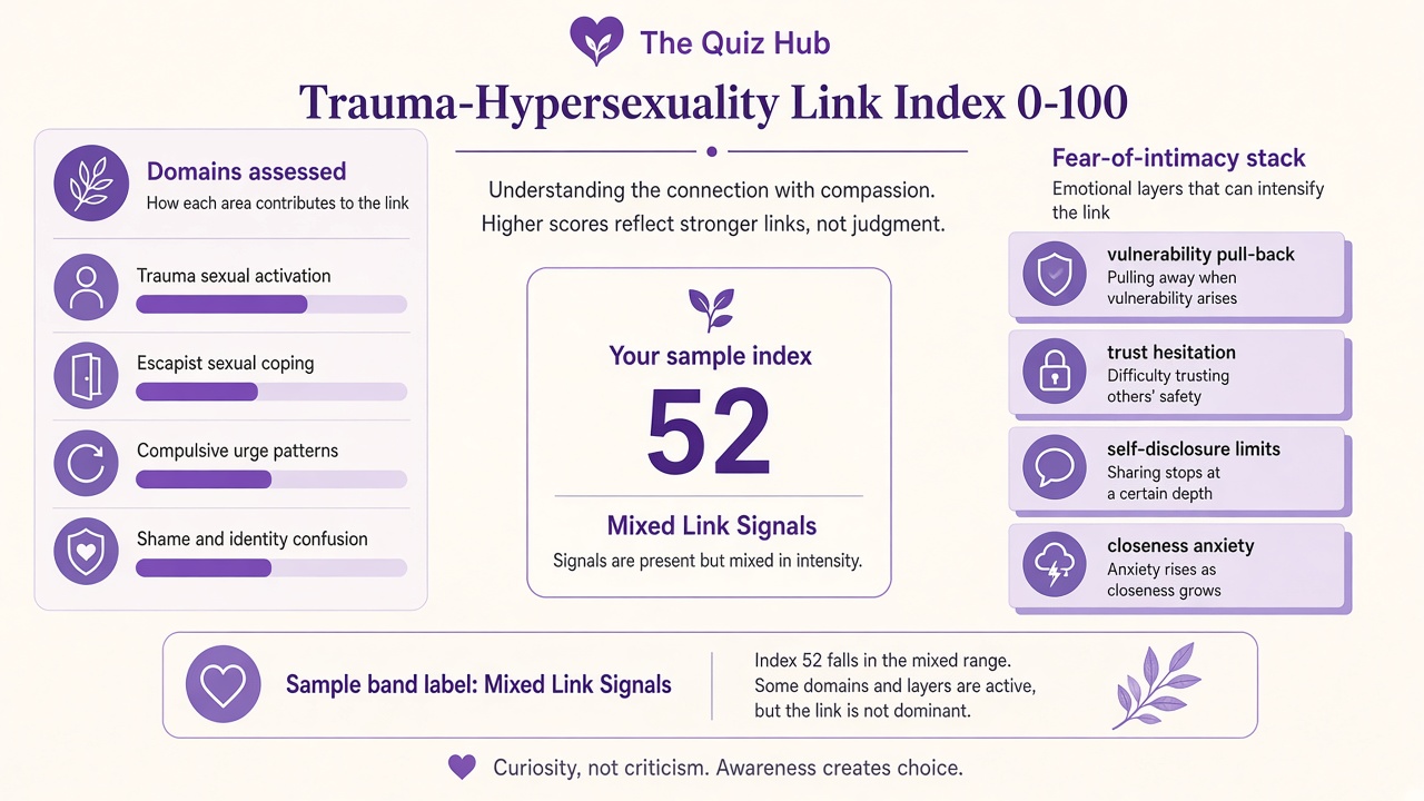 Trauma-hypersexuality quiz report with Mixed band, link index 52, four domain bars and fear-of-intimacy stack on The Quiz Hub