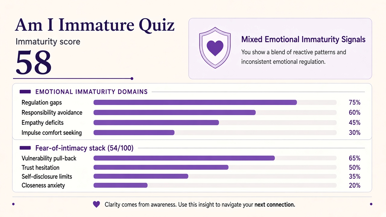 Am I immature quiz report with Mixed band, immaturity index 58, four domain bars, and fear-of-intimacy stack on The Quiz Hub