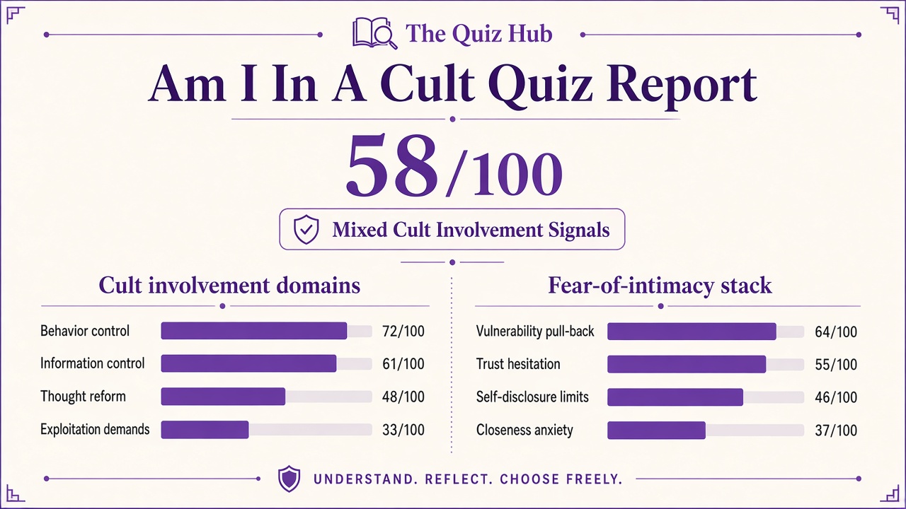 Am I in a cult quiz report with Mixed band, index 58, four domain bars, and fear-of-intimacy stack on The Quiz Hub