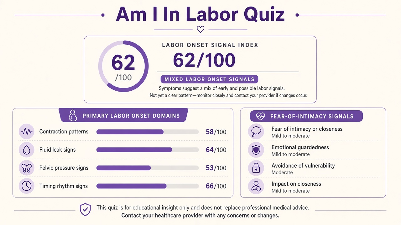 Am I in labor quiz report with labor onset signal index 62, domain bars, and intimacy stack on The Quiz Hub