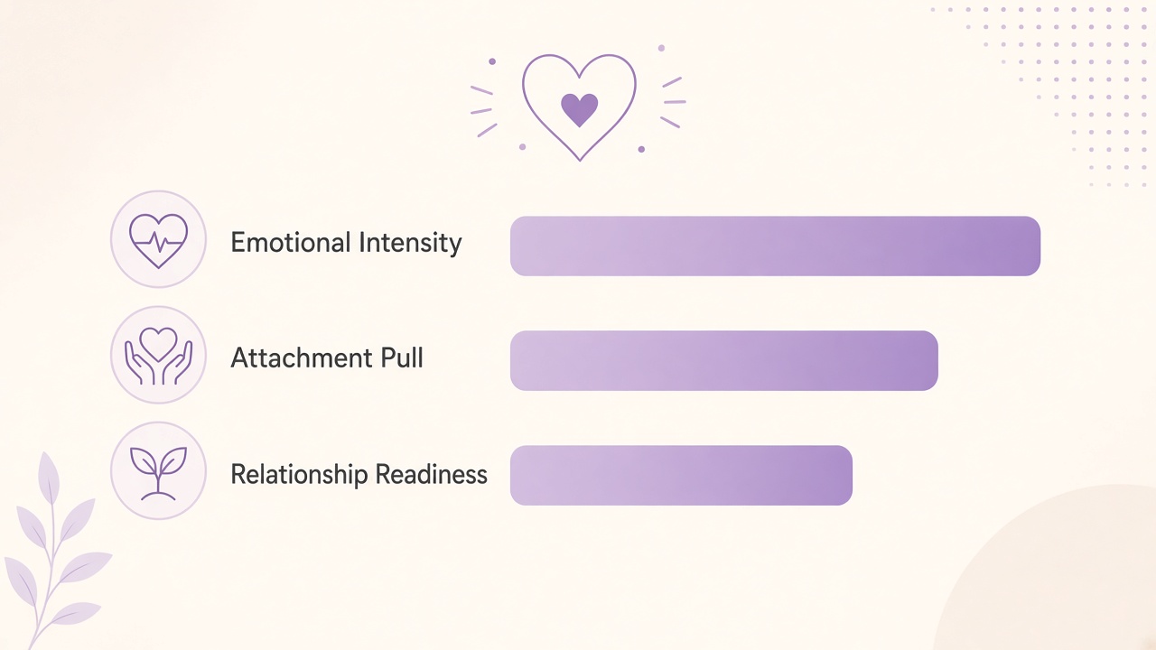 Am I in love quiz diagram with emotional intensity, attachment pull, and readiness domain bars