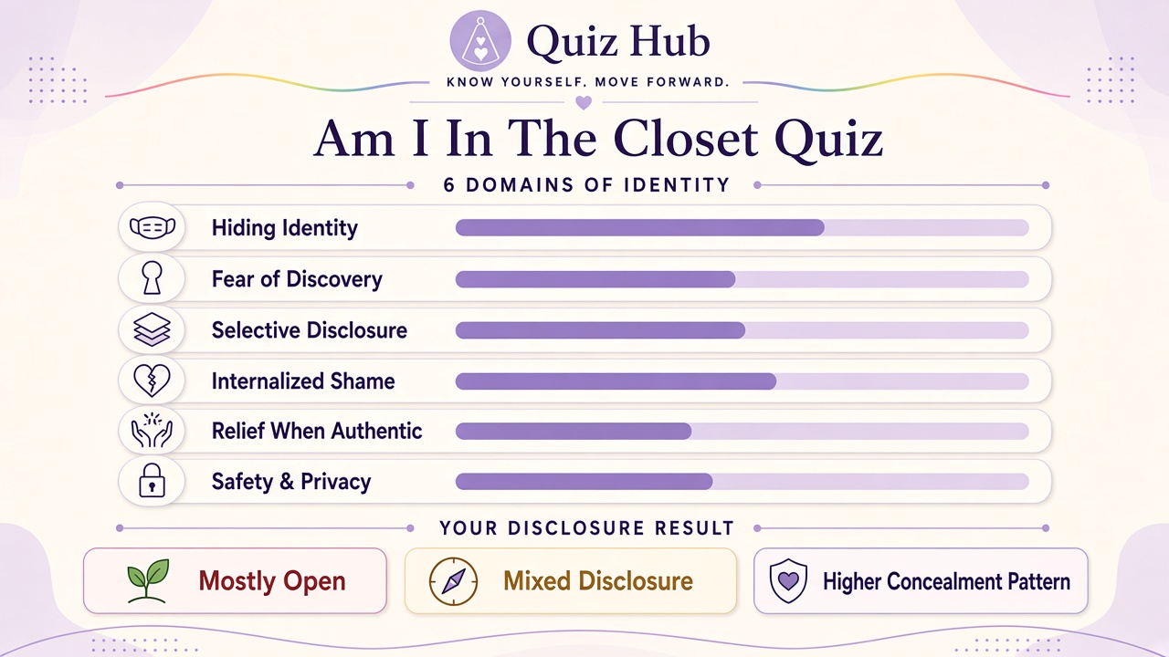 Am I in the closet quiz diagram with six disclosure domain bars and three reflection bands for The Quiz Hub results