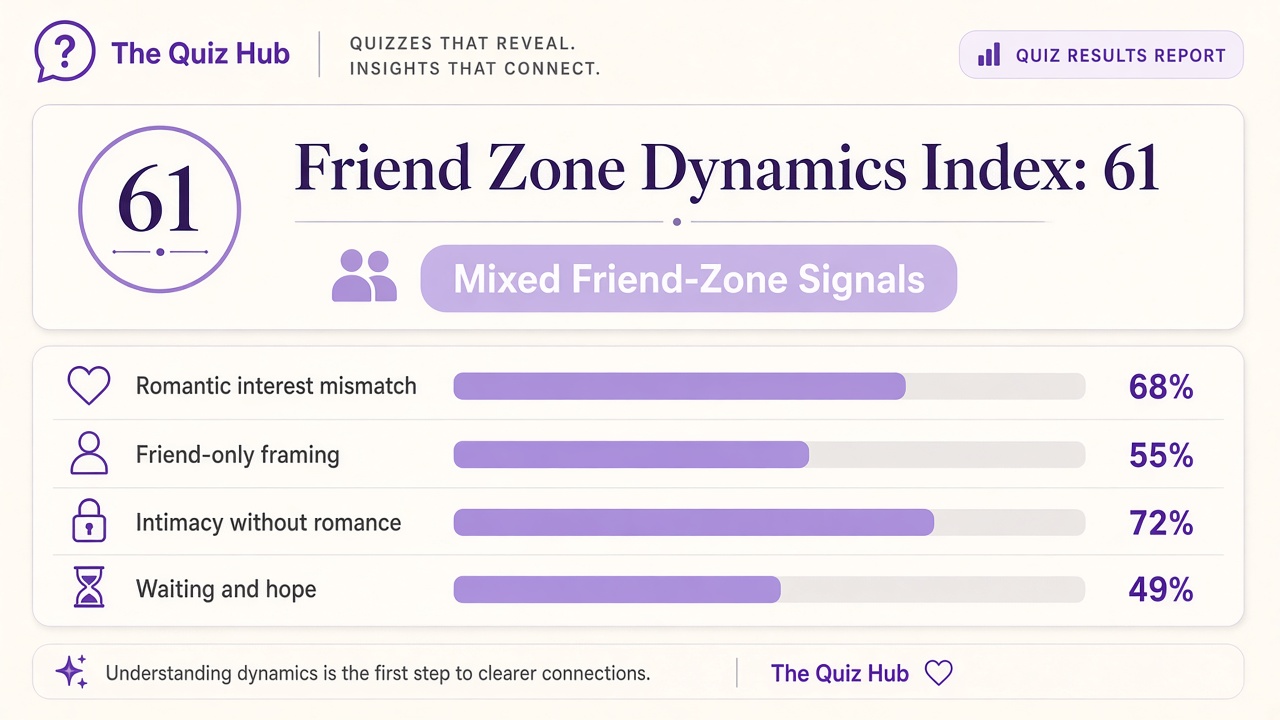 Friend zone quiz report with Mixed band, dynamics index 61, four domain bars on The Quiz Hub