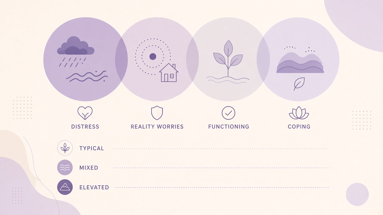 Distress reflection quiz diagram with distress reality functioning coping domains and three concern bands in cream and purple