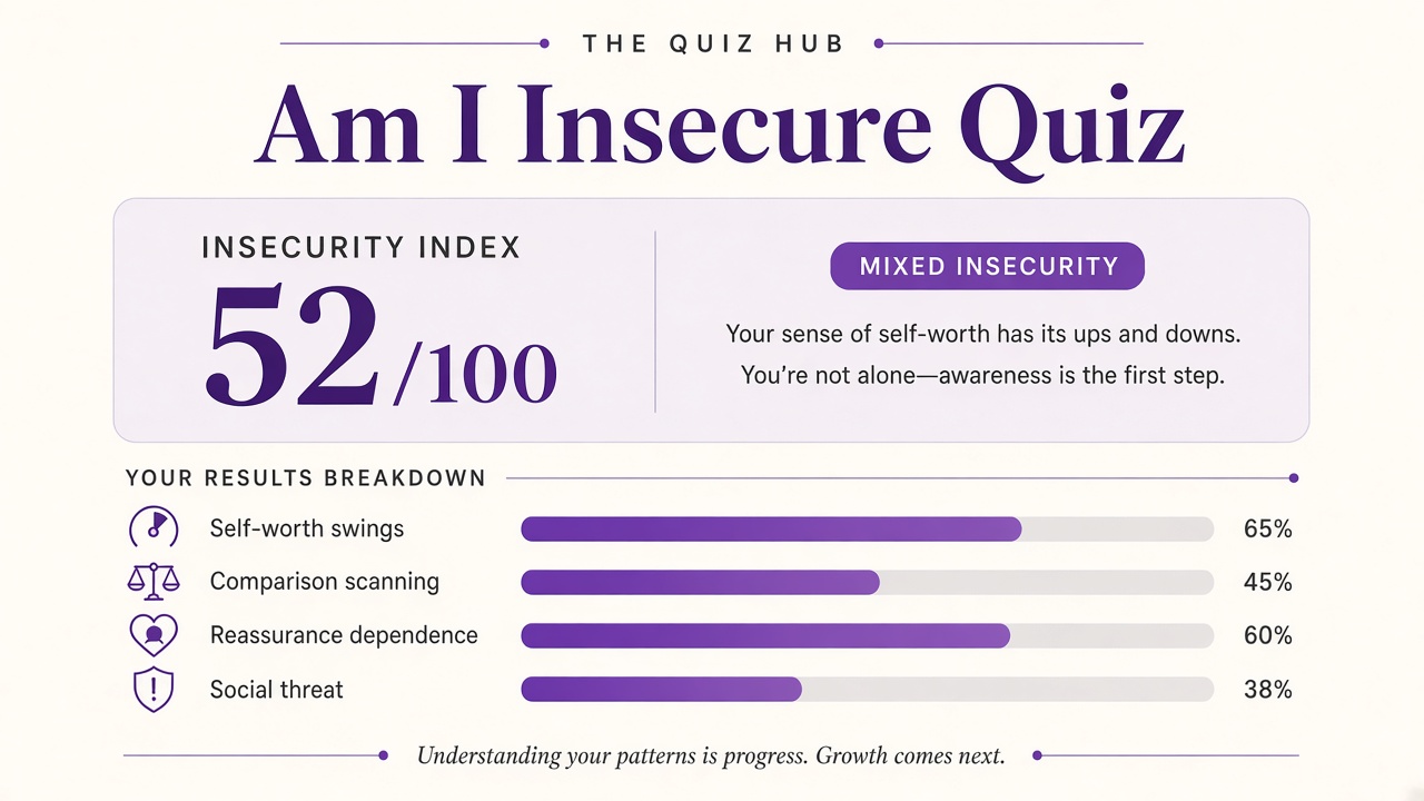 Am I insecure quiz report with Mixed Insecurity band, insecurity index 52, four domain bars on The Quiz Hub