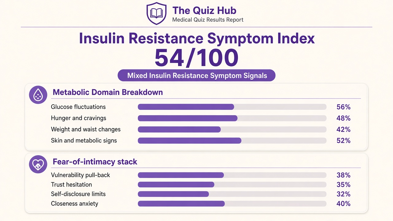 Am I insulin resistant quiz report with symptom index 54, domain bars, and intimacy stack on The Quiz Hub