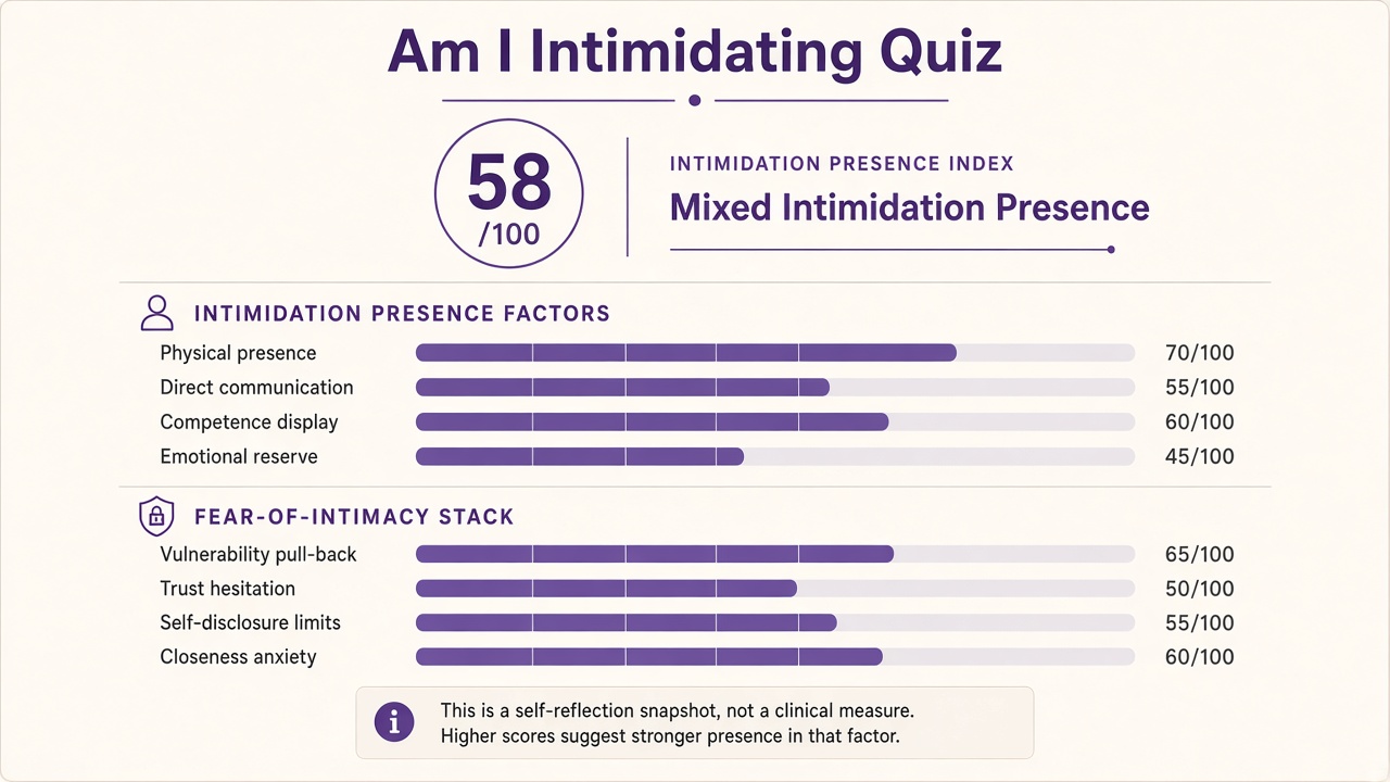 Am I intimidating quiz report with Mixed band, intimidation index 58, domain bars, and fear-of-intimacy stack on The Quiz Hub