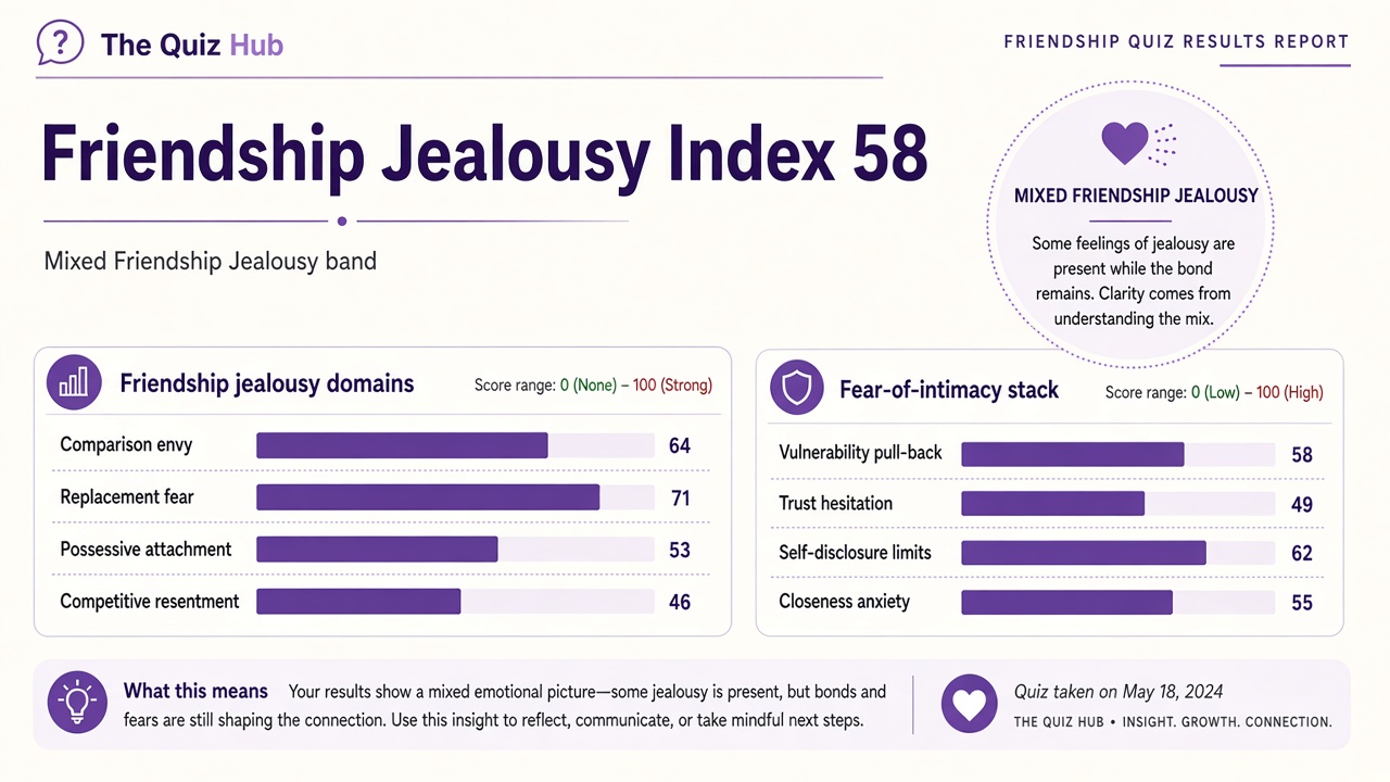 Am I jealous of my friend quiz report with Mixed band, jealousy index 58, domain bars, and intimacy stack on The Quiz Hub