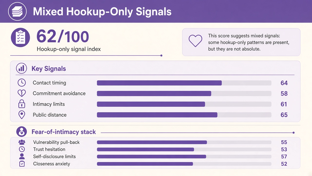 Am I just a hookup quiz report with Mixed band, hookup-only signal index 62, domain bars, and intimacy stack on The Quiz Hub