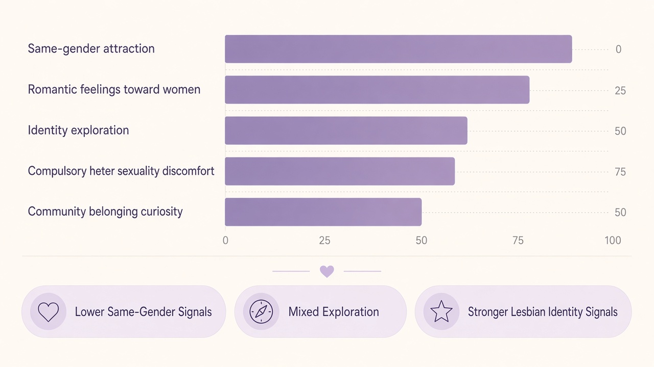 Am I lesbian quiz diagram with five domain bars and three reflection bands for The Quiz Hub results
