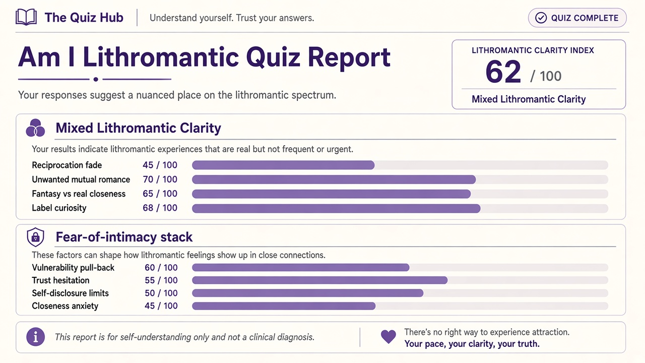 Lithromantic quiz report with Mixed Lithromantic Clarity band, index 62, domain bars and intimacy stack on The Quiz Hub