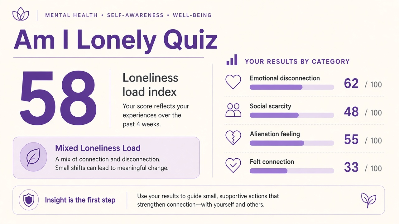 Am I lonely quiz report with Mixed Loneliness Load band, loneliness load index 58, four domain bars on The Quiz Hub
