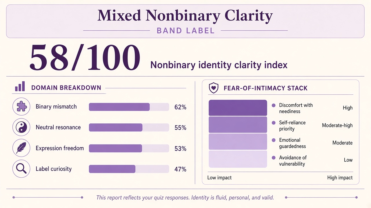 Nonbinary quiz report with Mixed Nonbinary Clarity band, index 58, domain bars and intimacy stack on The Quiz Hub