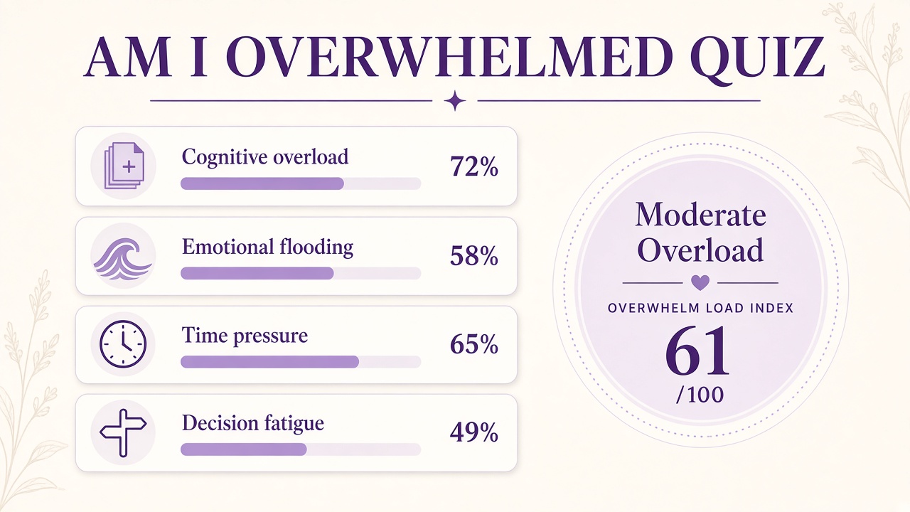 Am I overwhelmed quiz report with Moderate Overload band, load index 61, and four domain bars on The Quiz Hub