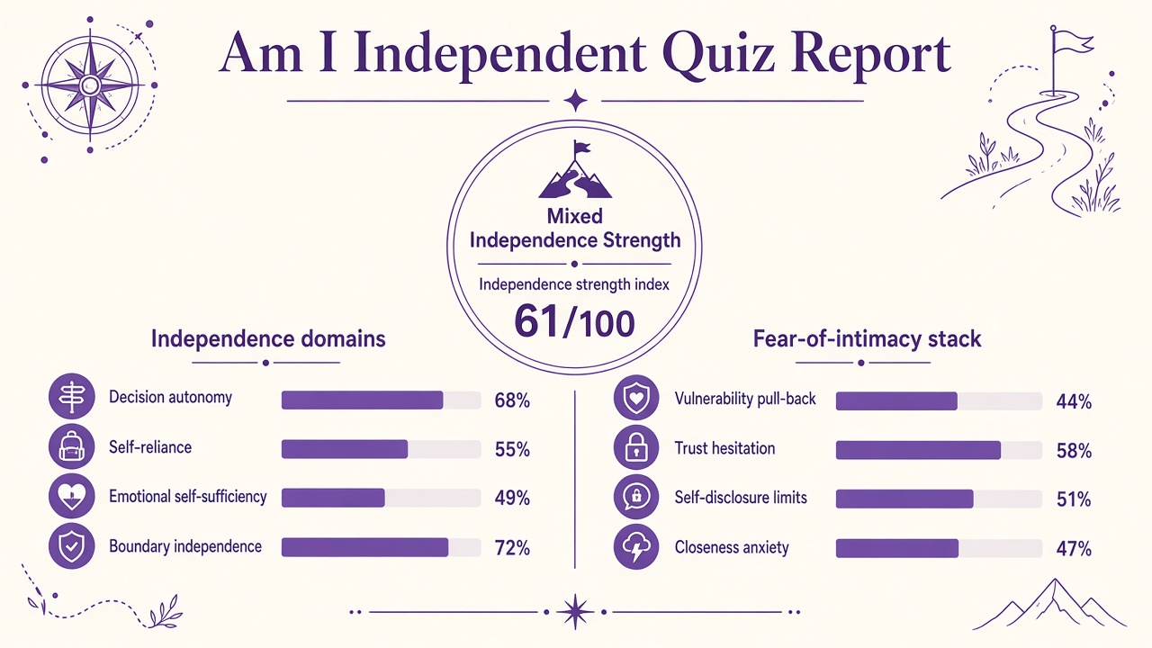 Am I polyamorous quiz report with Mixed band, clarity index 58, and fear-of-intimacy stack chart