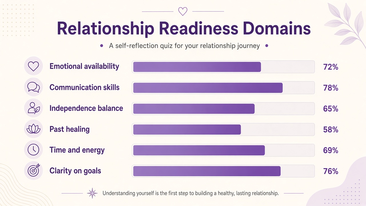 Relationship readiness quiz diagram with six domain bars for availability, communication, healing, time, and clarity