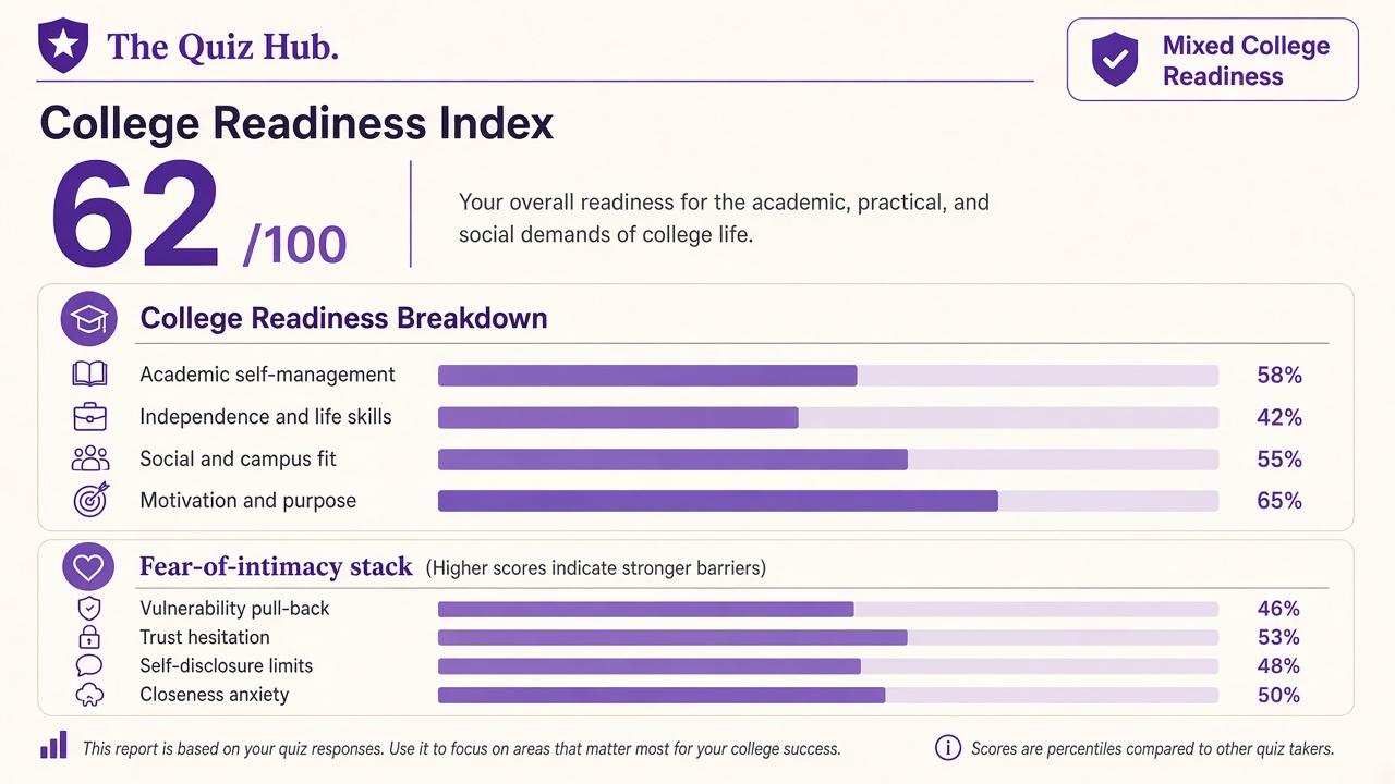 Am I ready for college quiz report with Mixed band, four readiness domain bars, and fear-of-intimacy stack on The Quiz Hub