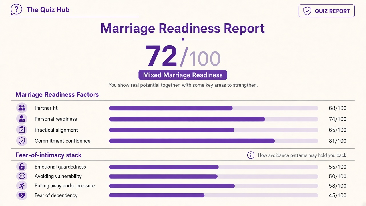 Am I ready for marriage quiz report with Mixed Marriage Readiness band, readiness index 72, four domain bars on The Quiz Hub