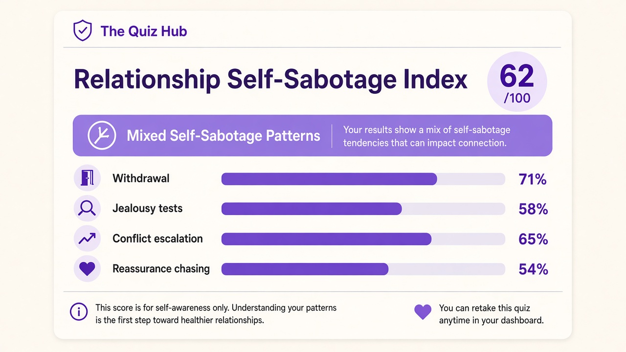 Relationship self-sabotage quiz report with Mixed band, index 62, four domain bars on The Quiz Hub