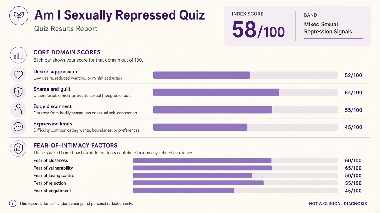 Am I Sexually Repressed Quiz report with index score, domain bars, and intimacy stack on The Quiz Hub