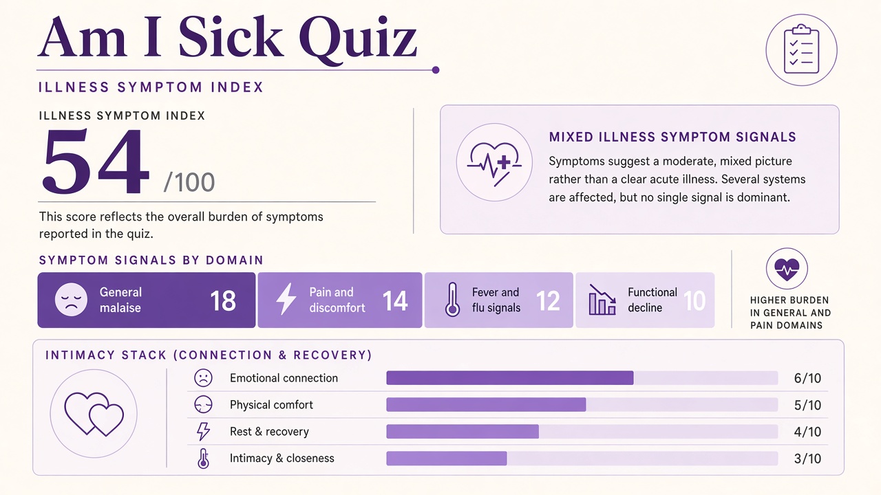Am I Sick Quiz report with index score, domain bars, and intimacy stack on The Quiz Hub
