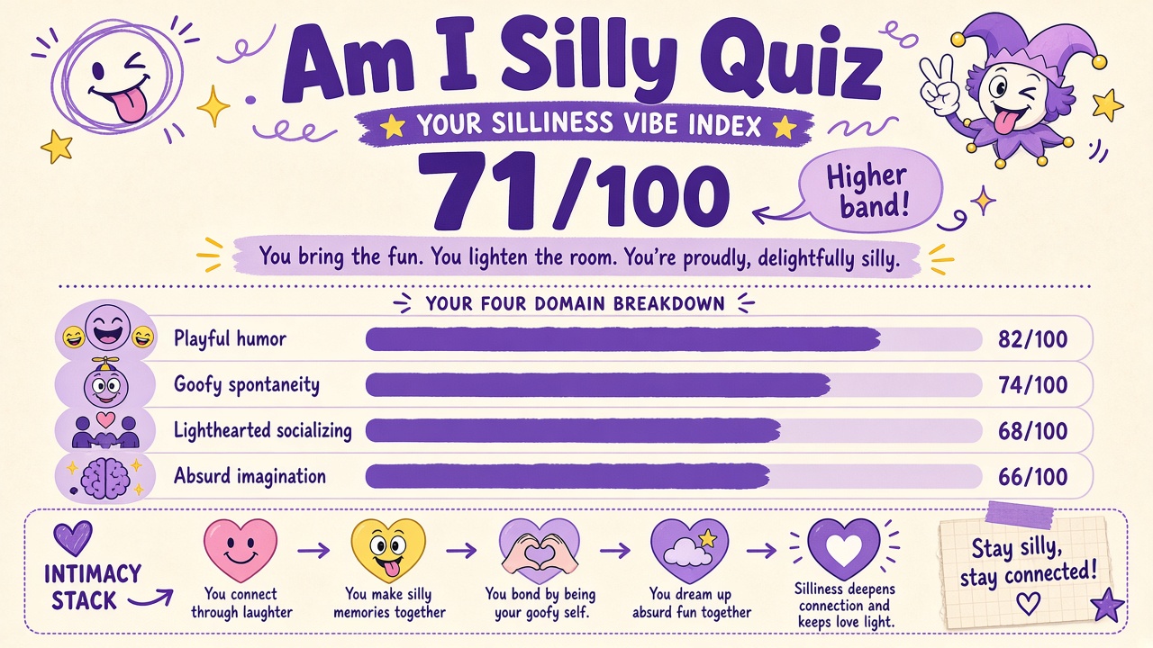 Am I Silly Quiz report with index score, domain bars, and intimacy stack on The Quiz Hub