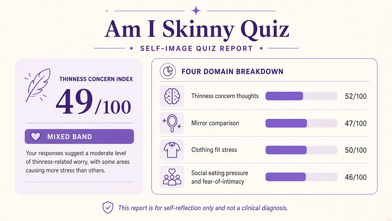 Am I Skinny Quiz report with index score, domain bars, and intimacy stack on The Quiz Hub