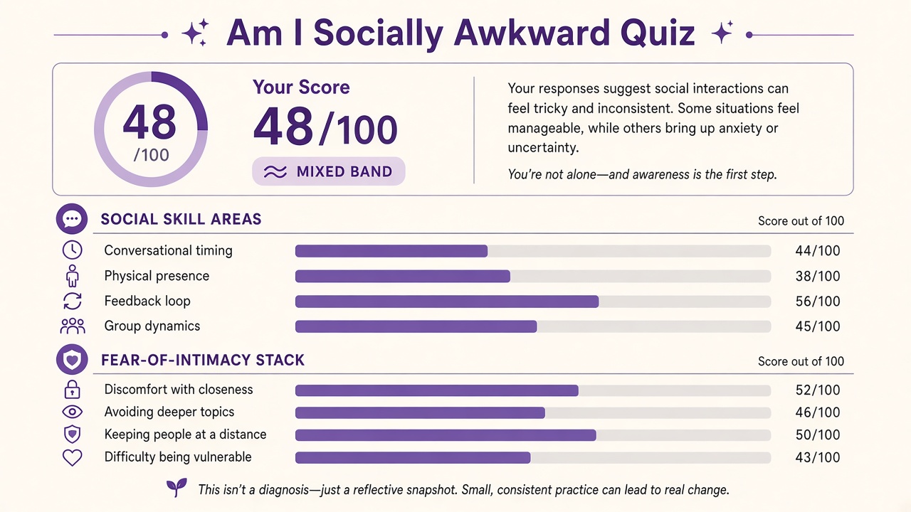 Am I socially awkward quiz report with Mixed band, four awkwardness domain bars, and fear-of-intimacy stack on The Quiz Hub