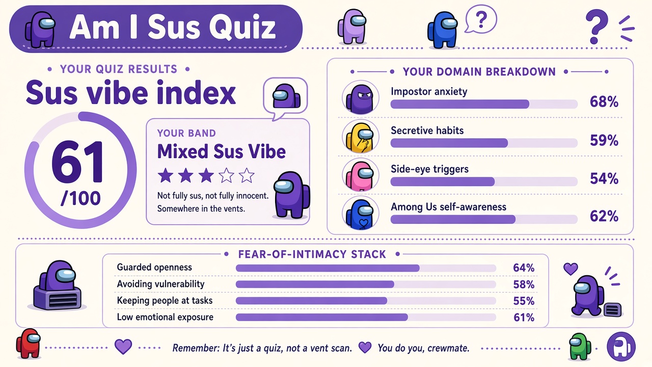 Am I sus quiz report with Mixed band, sus vibe index 61, and domain bar chart