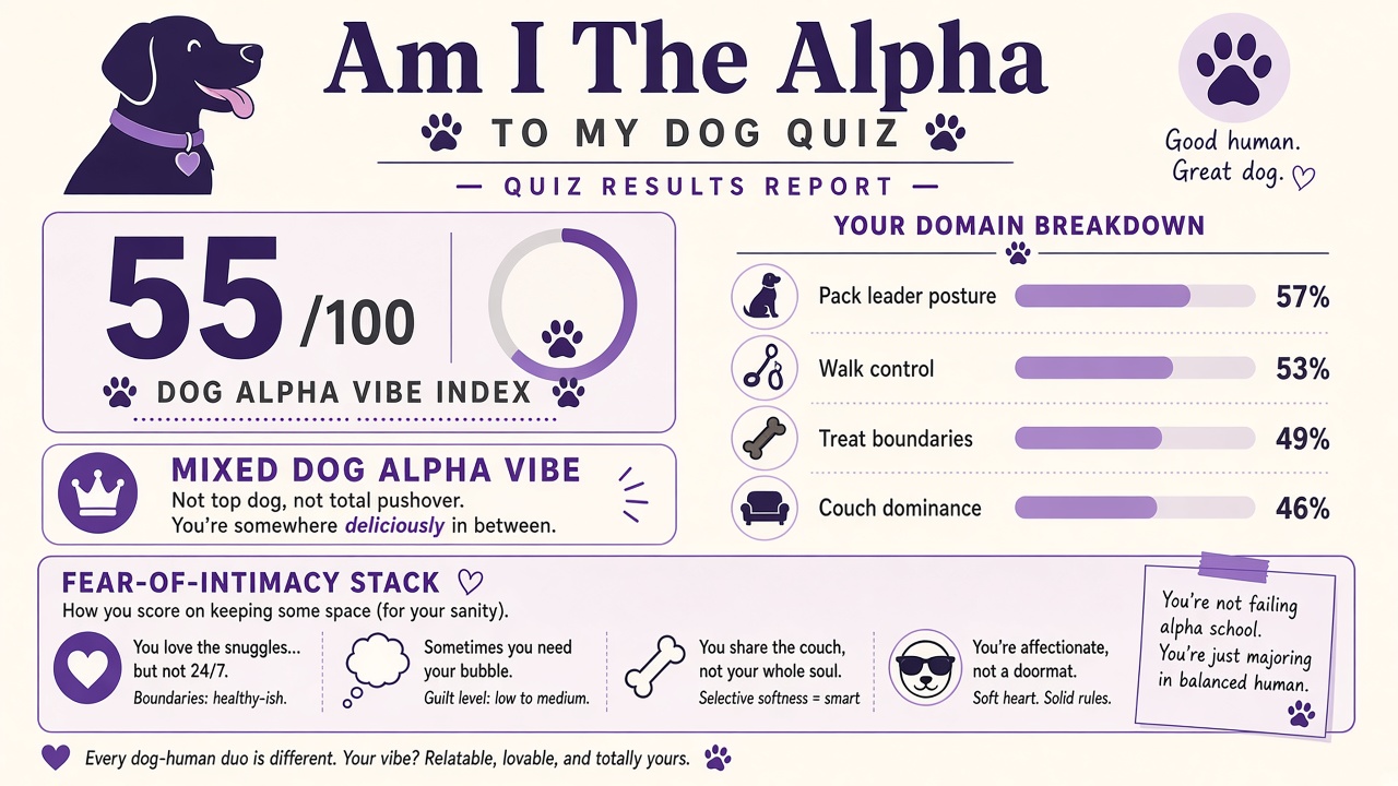 Am I the alpha to my dog quiz report with Mixed band, dog alpha vibe index 55, and domain bar chart