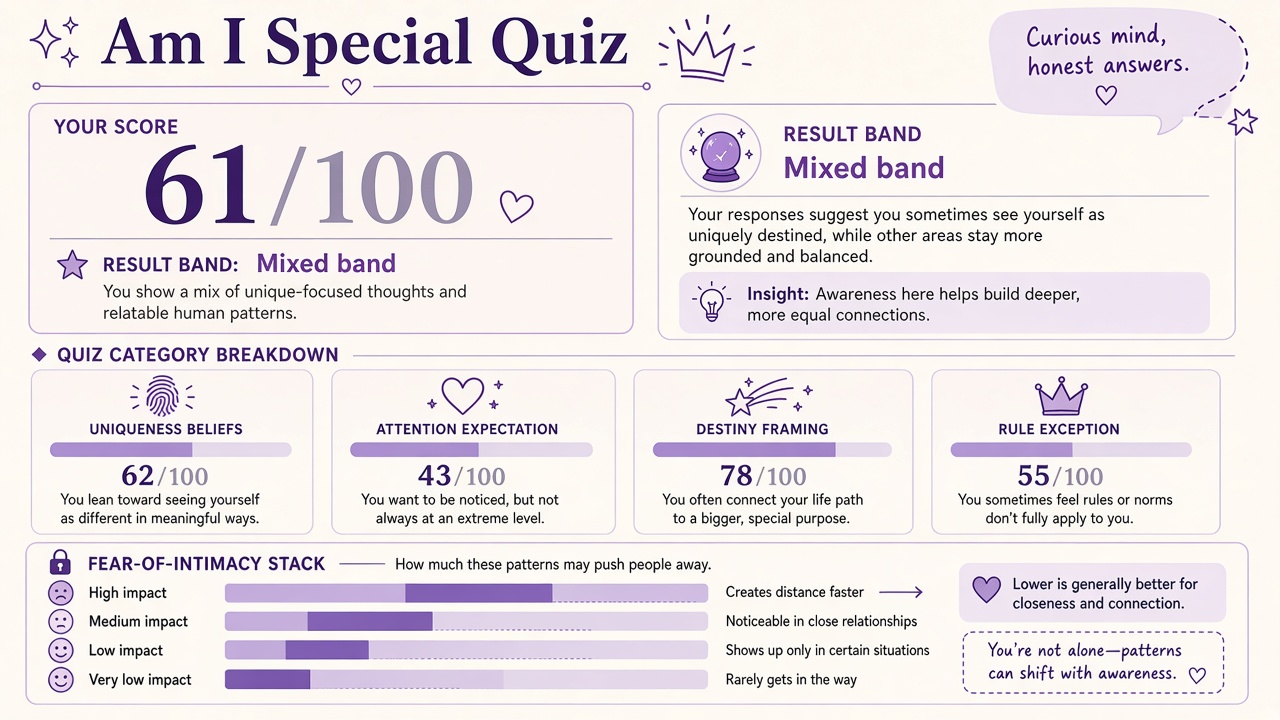 Am I the chosen one quiz report with chosen-one vibe index, domain bars, and intimacy stack on The Quiz Hub