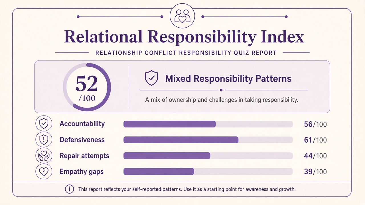 Am I the problem quiz report with Mixed band, relational responsibility index 52, four domain bars on The Quiz Hub