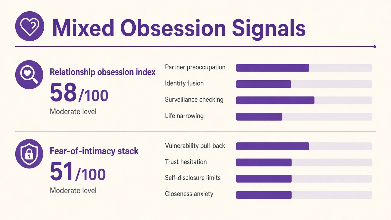 Boyfriend obsession quiz report with Mixed band, obsession index 58, domain bars and intimacy stack on The Quiz Hub