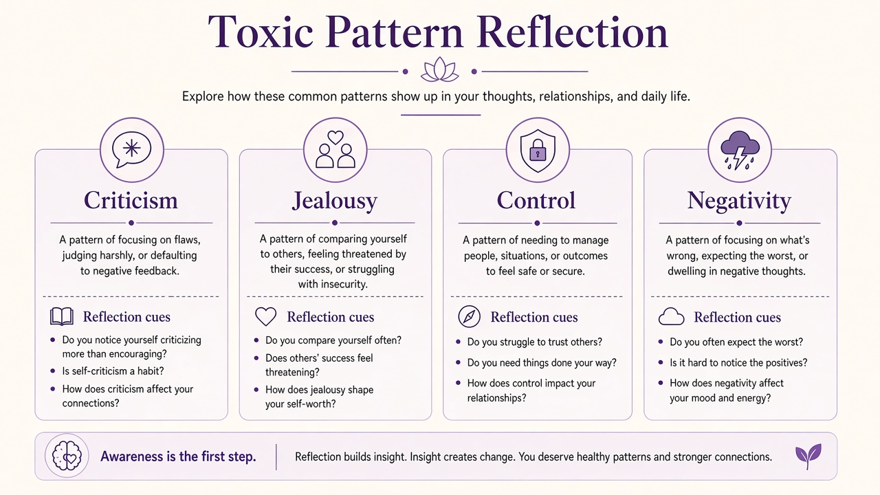 Toxic quiz reflection bands across criticism jealousy control and negativity in purple palette
