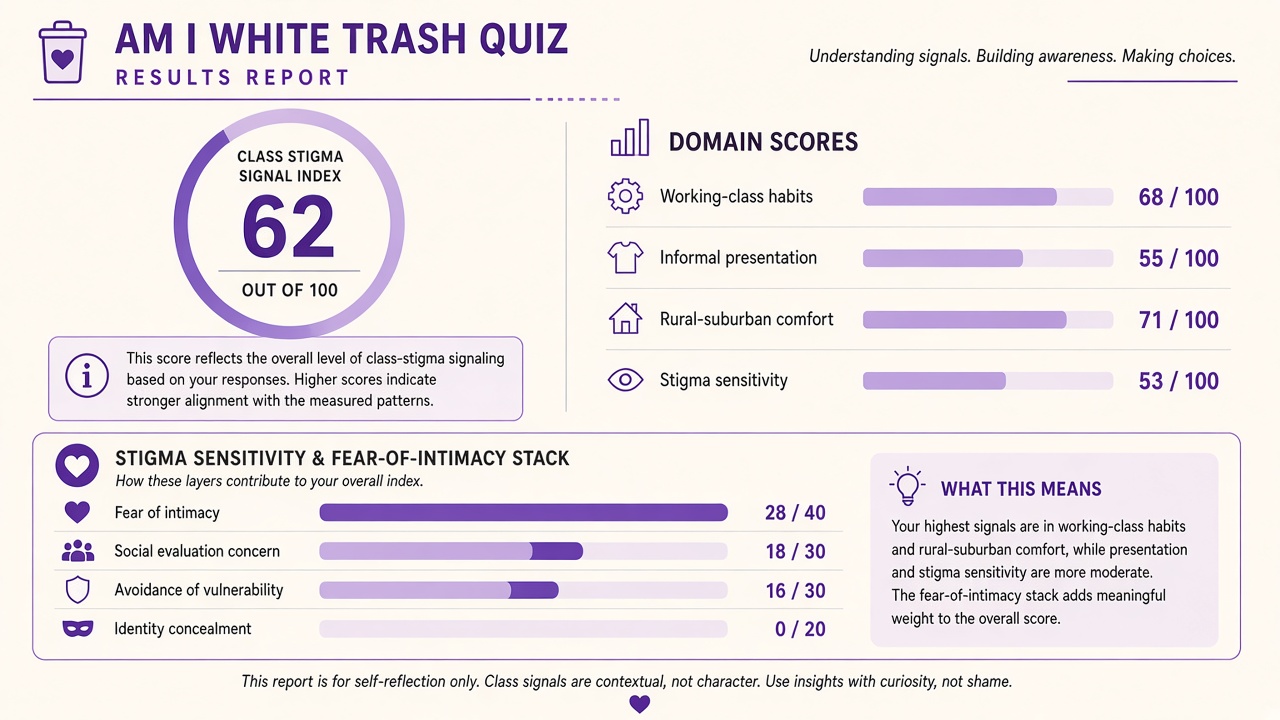 Am I White Trash Quiz report with index score, domain bars, and intimacy stack on The Quiz Hub