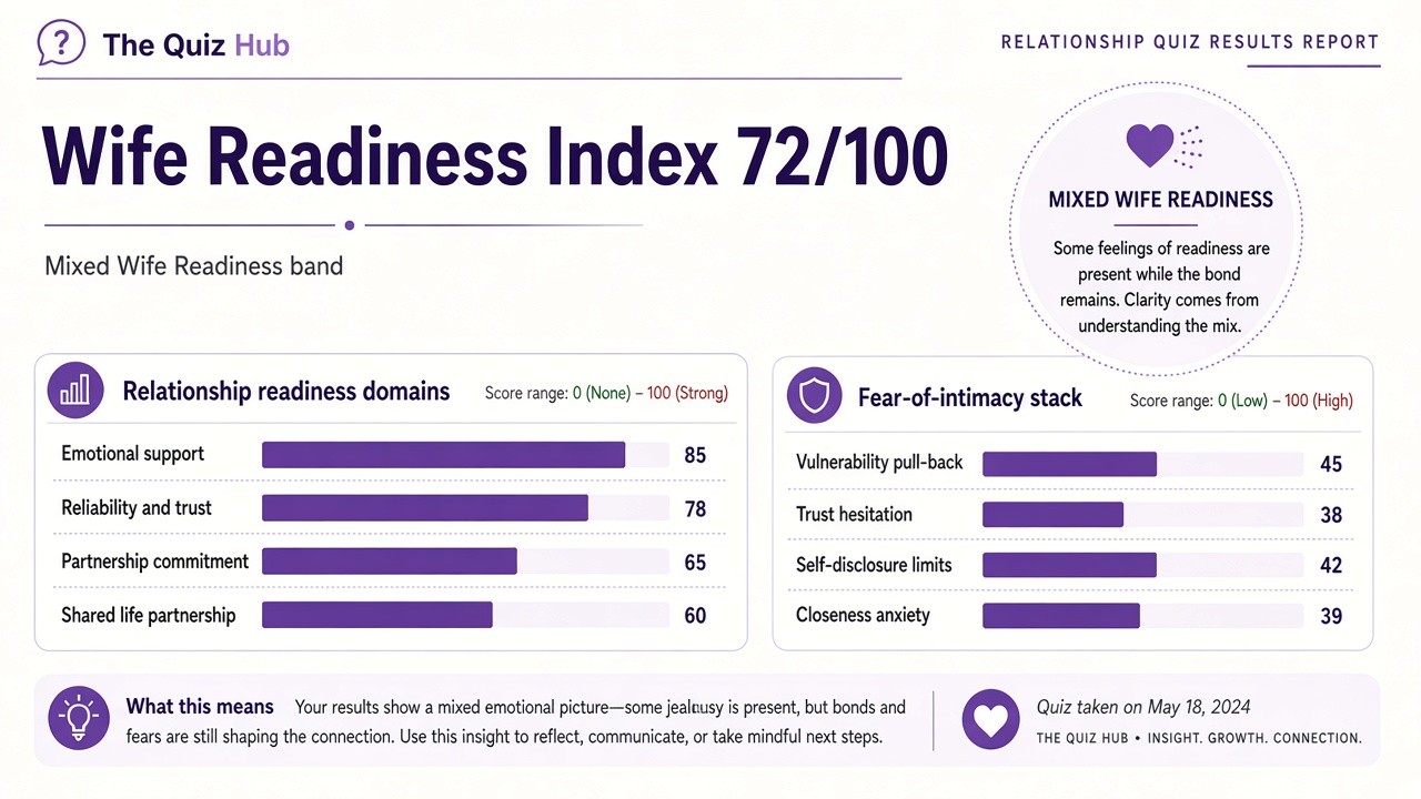 Am I wife material quiz report with Mixed Wife Readiness band, index 72, domain bars, and intimacy stack