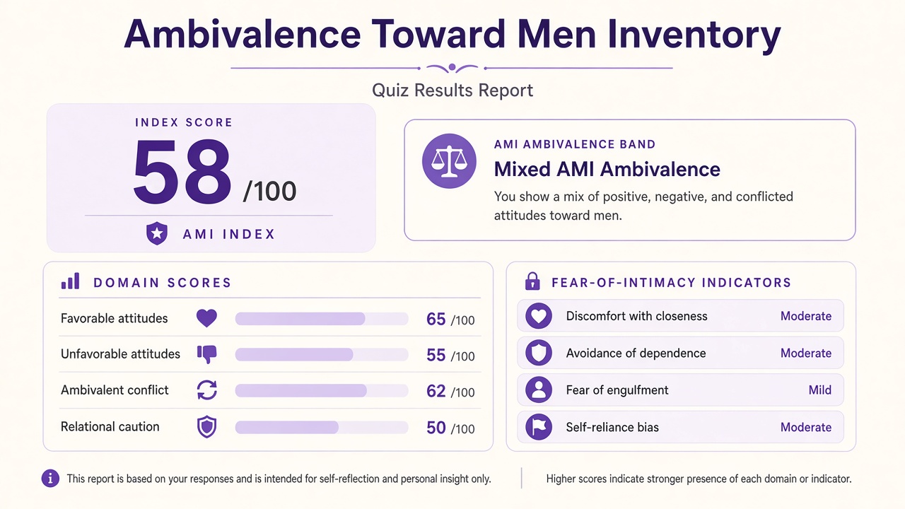 Ambivalence Toward Men Inventory report with Mixed band, AMI ambivalence index 58, and domain bar chart