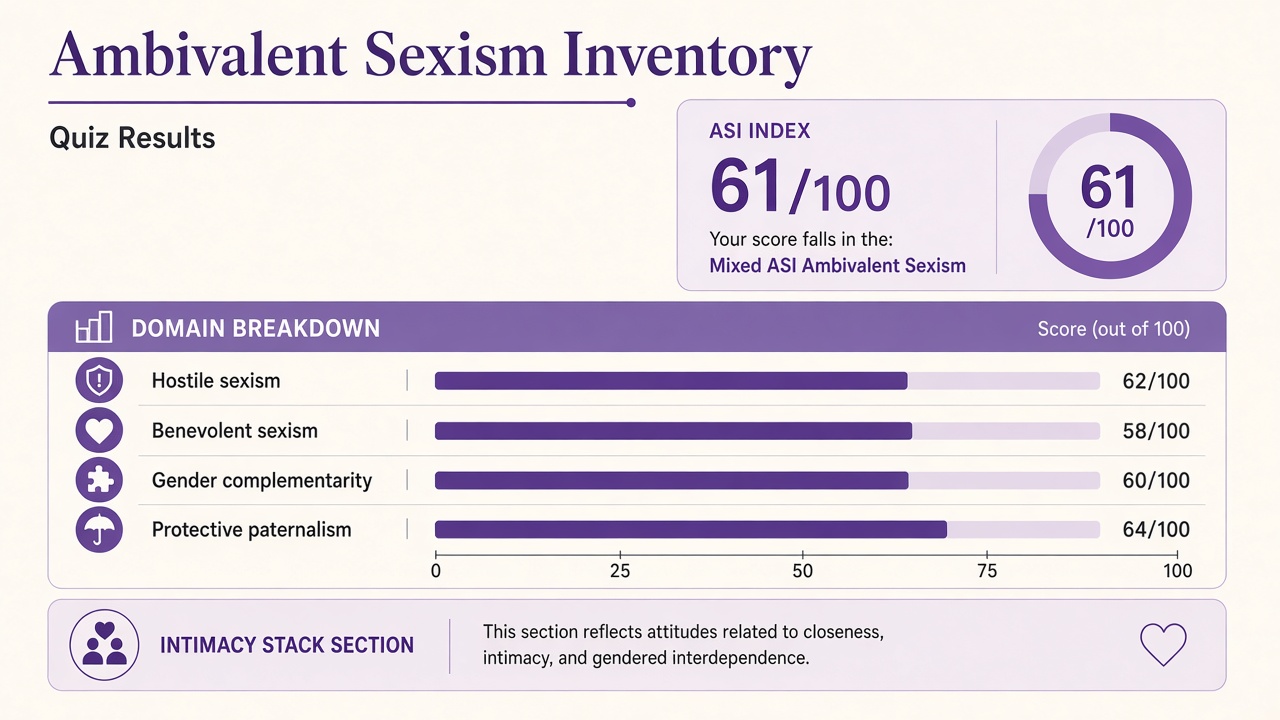 Ambivalent Sexism Inventory report with ASI index 61 and hostile and benevolent domain bars