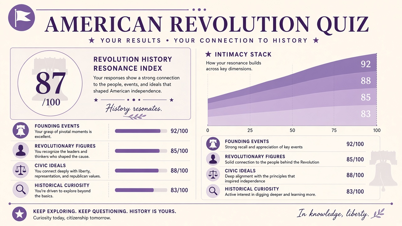 American Revolution Quiz report with index score, domain bars, and intimacy stack on The Quiz Hub