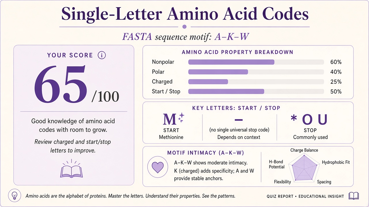 Amino acid single letter code quiz report with recall index, domain bars, and intimacy stack on The Quiz Hub