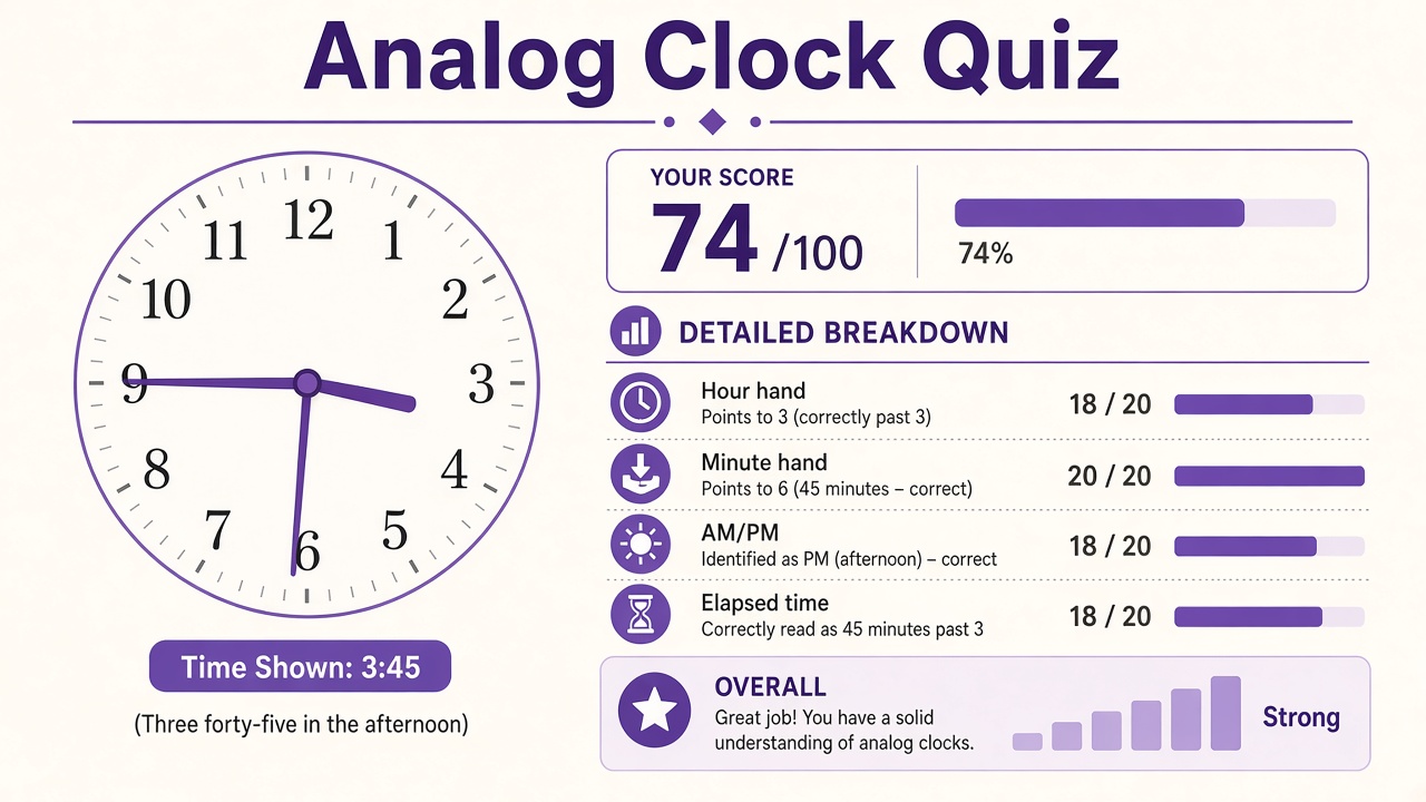 Analog clock quiz report with time-reading index, domain bars, and intimacy stack on The Quiz Hub