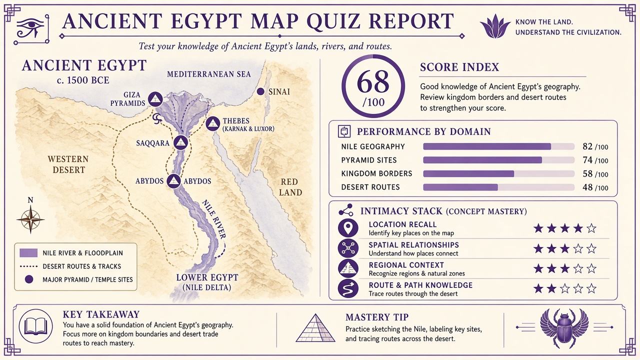 Ancient Egypt Map Quiz report with map knowledge index, domain bars, and intimacy stack