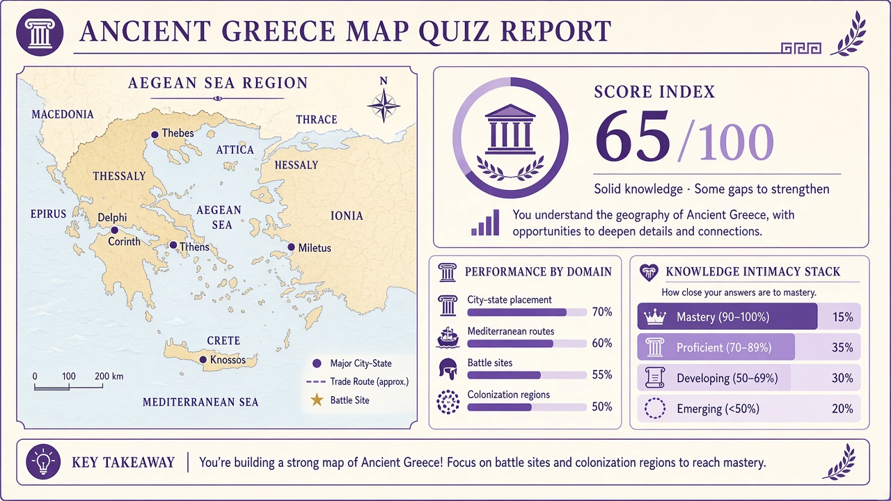 Ancient Greece Map Quiz report with map knowledge index, domain bars, and intimacy stack