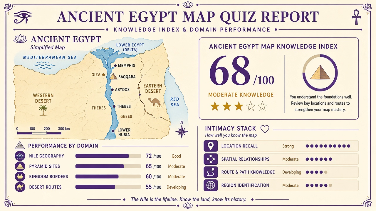 Ancient Rome map quiz report with map knowledge index, domain bars, and intimacy stack on The Quiz Hub