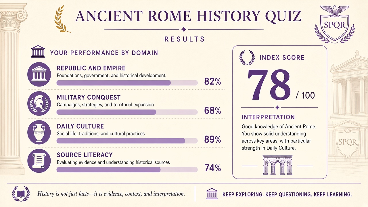Ancient Rome quiz report with history index, domain bars, and intimacy stack on The Quiz Hub
