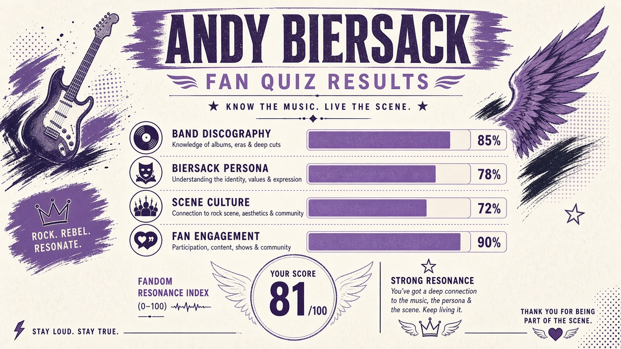 Andy Biersack quiz report with fandom resonance index, domain bars, and intimacy stack