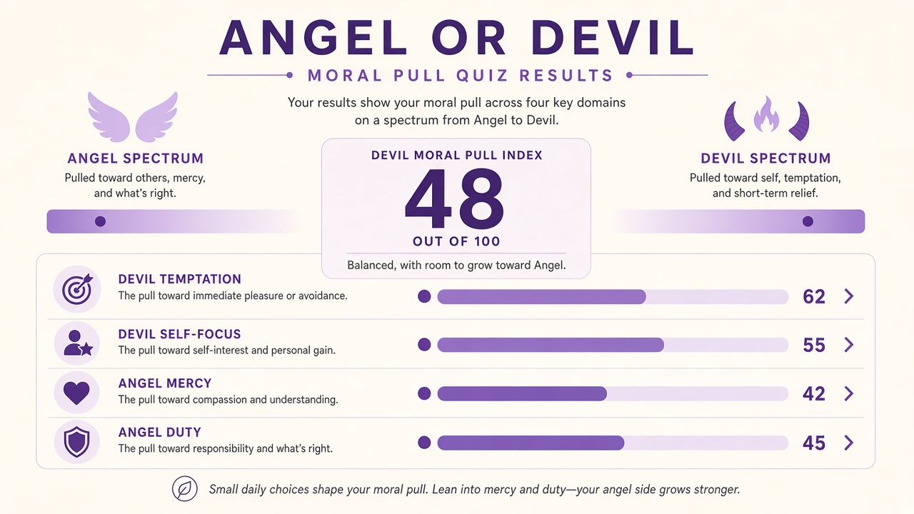 Angel or devil quiz report with devil moral pull index, domain bars, and intimacy stack