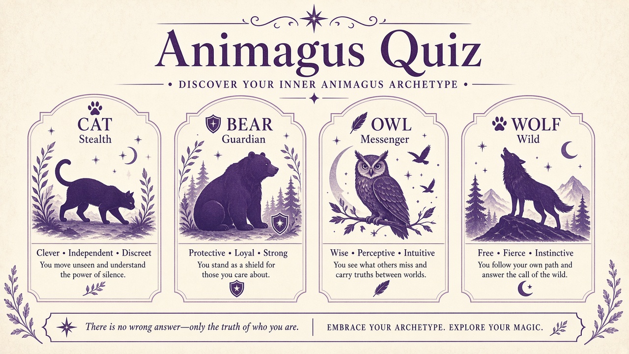 Animagus quiz report with archetype match index and domain bars on The Quiz Hub