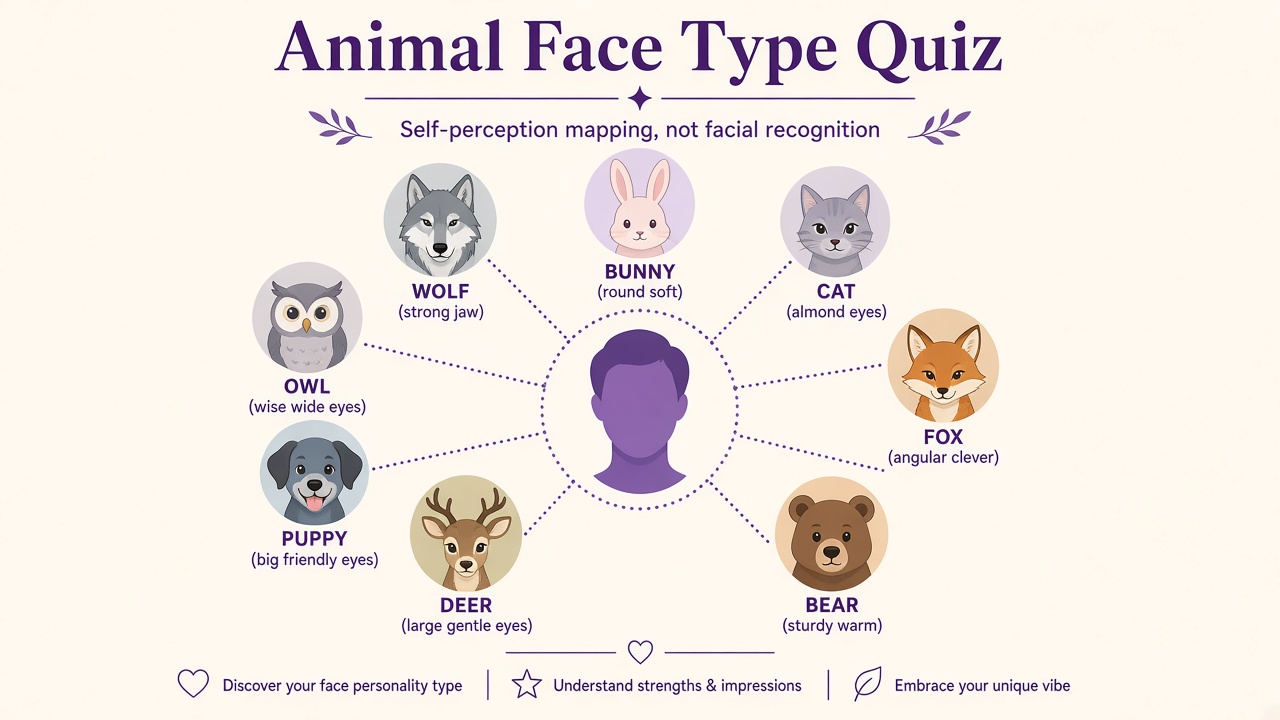 Animal face type quiz diagram with eight cute animal face icons around a human silhouette in purple